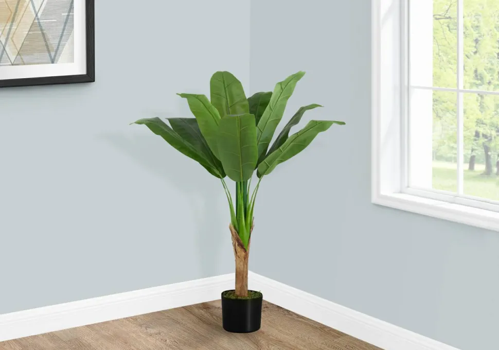Artificial Plant, 43" Tall, Banana Tree, Indoor, Faux, Fake, Floor, Greenery, Potted, Real Touch, Decorative, Green Leaves, Black Pot
