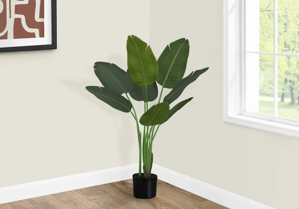 Artificial Plant, 44" Tall, Bird Of Paradise Tree, Indoor, Faux, Fake, Floor, Greenery, Potted, Decorative, Green Leaves, Black Pot