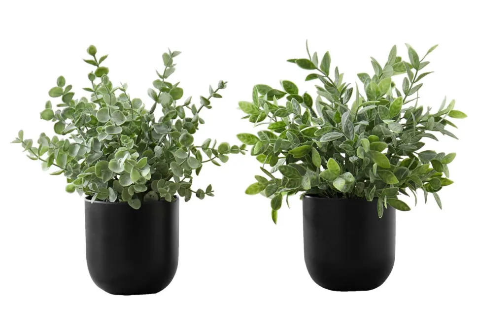 Artificial Plant, 11" Tall, Eucalyptus Grass, Indoor, Faux, Fake, Table, Greenery, Potted, Set Of 2, Decorative, Green Leaves, Black Pots