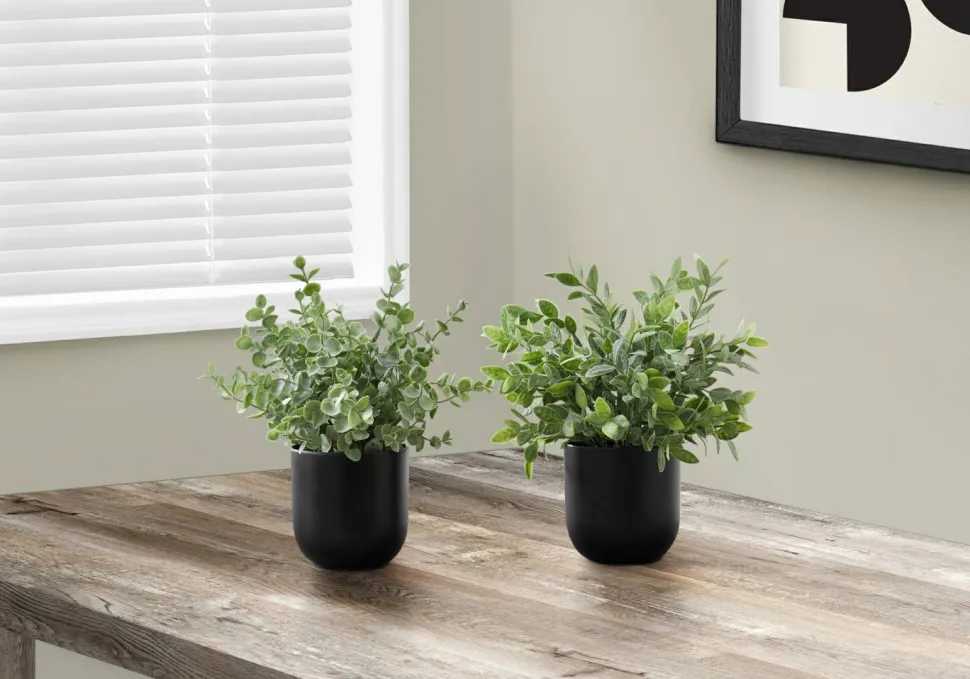 Artificial Plant, 11" Tall, Eucalyptus Grass, Indoor, Faux, Fake, Table, Greenery, Potted, Set Of 2, Decorative, Green Leaves, Black Pots