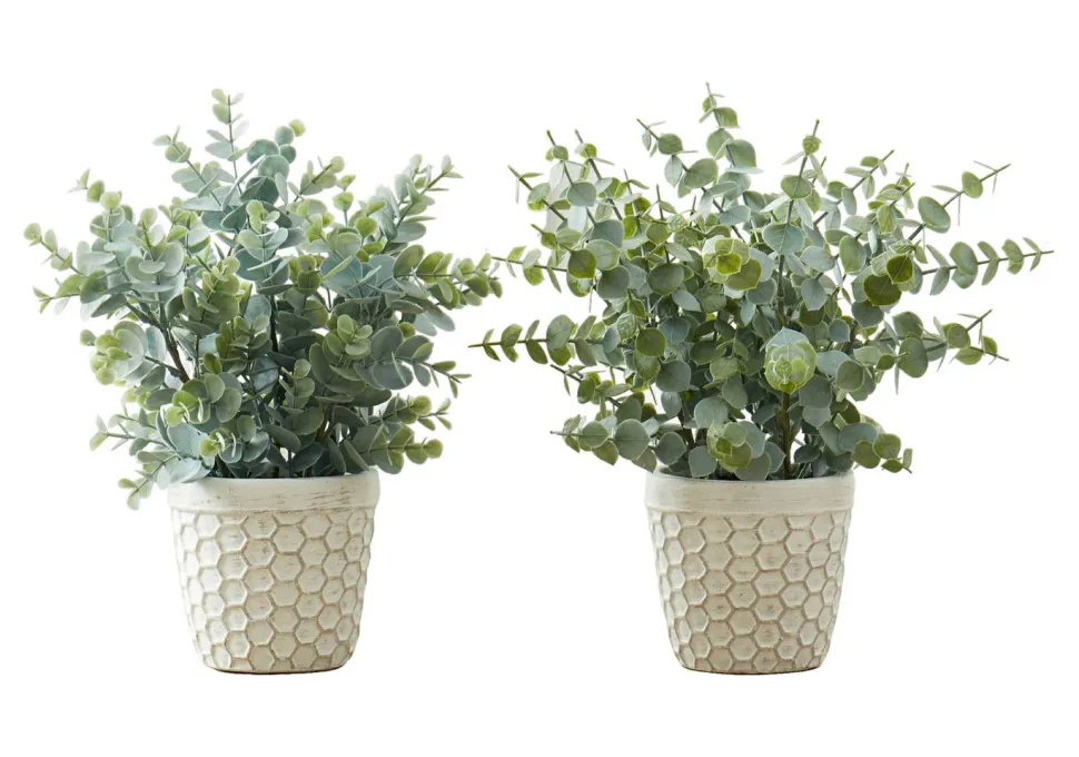 Artificial Plant, 13" Tall, Eucalyptus Grass, Indoor, Faux, Fake, Table, Greenery, Potted, Set Of 2, Decorative, Green Leaves, White Pots