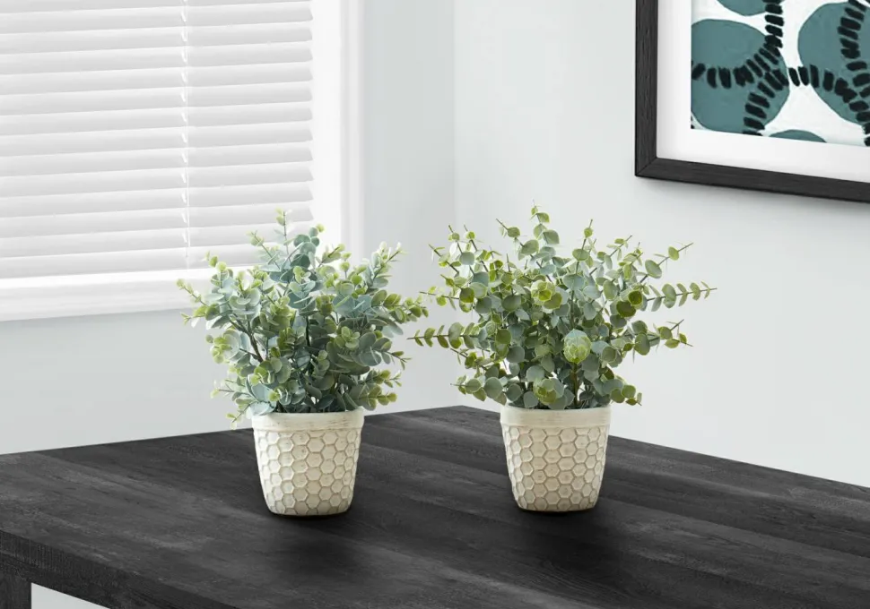 Artificial Plant, 13" Tall, Eucalyptus Grass, Indoor, Faux, Fake, Table, Greenery, Potted, Set Of 2, Decorative, Green Leaves, White Pots