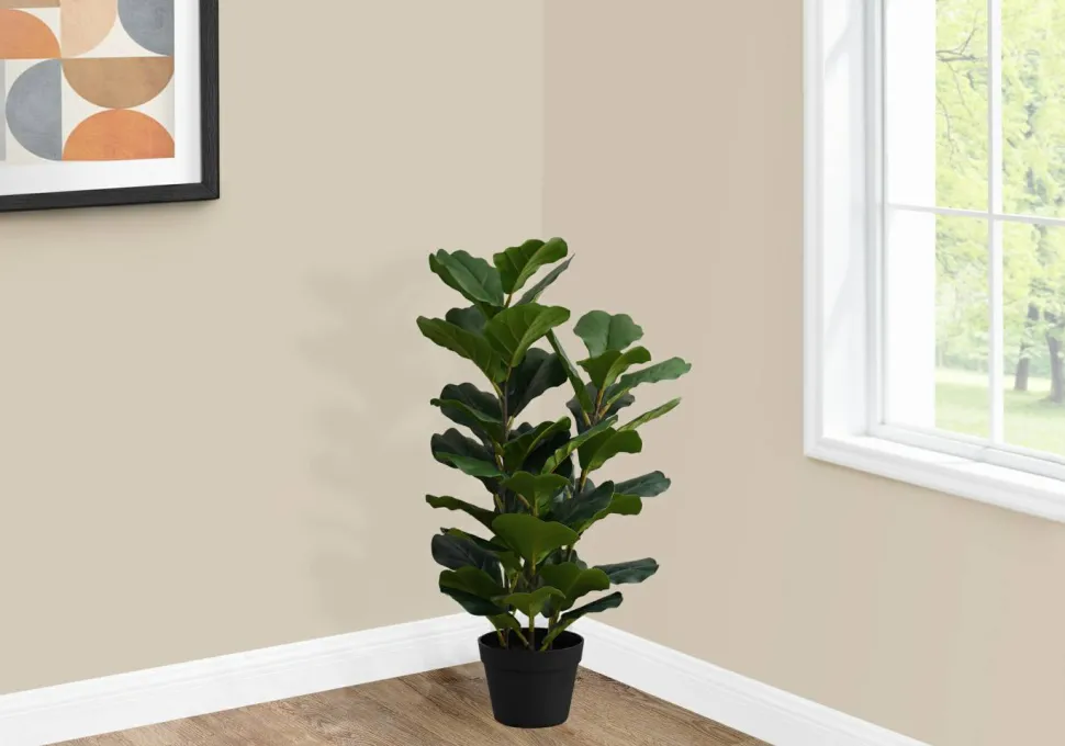 Artificial Plant, 32" Tall, Fiddle Tree, Indoor, Faux, Fake, Floor, Greenery, Potted, Real Touch, Decorative, Green Leaves, Black Pot