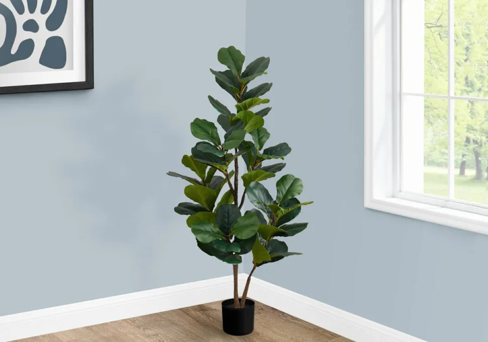 Artificial Plant, 49" Tall, Fiddle Tree, Indoor, Faux, Fake, Floor, Greenery, Potted, Real Touch, Decorative, Green Leaves, Black Pot