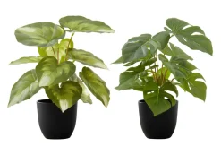 Artificial Plant, 13" Tall, Monstera Calthea, Indoor, Faux, Fake, Table, Greenery, Potted, Set Of 2, Decorative, Green Leaves, Black Pots
