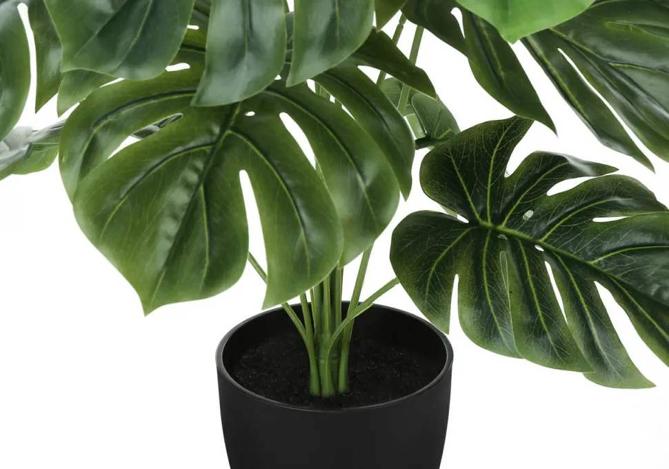Artificial Plant, 24" Tall, Monstera, Indoor, Faux, Fake, Table, Greenery, Potted, Real Touch, Decorative, Green Leaves, Black Pot