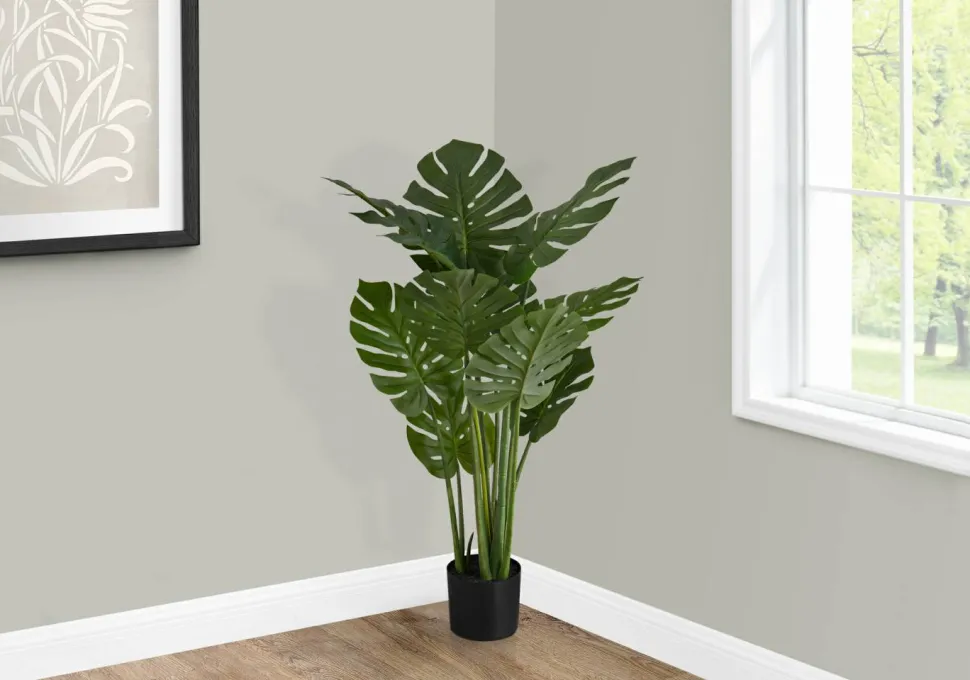 Artificial Plant, 45" Tall, Monstera Tree, Indoor, Faux, Fake, Floor, Greenery, Potted, Real Touch, Decorative, Green Leaves, Black Pot
