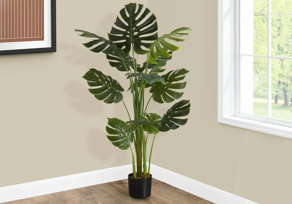Artificial Plant, 55" Tall, Monstera Tree, Indoor, Faux, Fake, Floor, Greenery, Potted, Real Touch, Decorative, Green Leaves, Black Pot