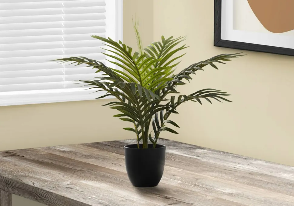 Artificial Plant, 20" Tall, Palm, Indoor, Faux, Fake, Table, Greenery, Potted, Real Touch, Decorative, Green Leaves, Black Pot