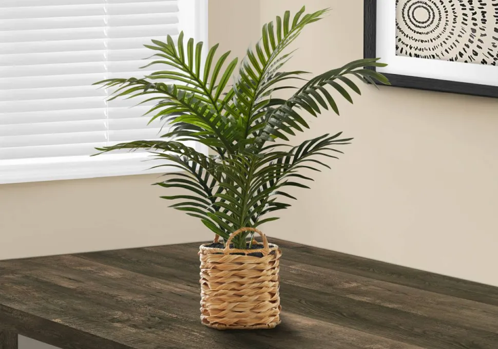 Artificial Plant, 24" Tall, Palm, Indoor, Faux, Fake, Table, Floor, Greenery, Potted, Real Touch, Decorative, Green Leaves, Beige Woven Basket