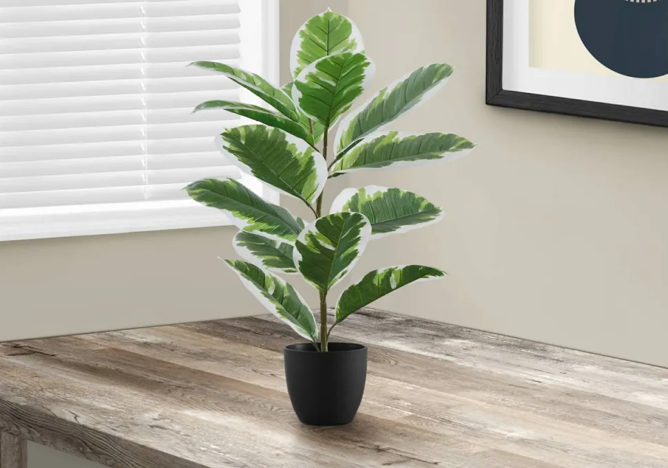Artificial Plant, 27" Tall, Rubber, Indoor, Faux, Fake, Table, Greenery, Potted, Real Touch, Decorative, Green Leaves, Black Pot