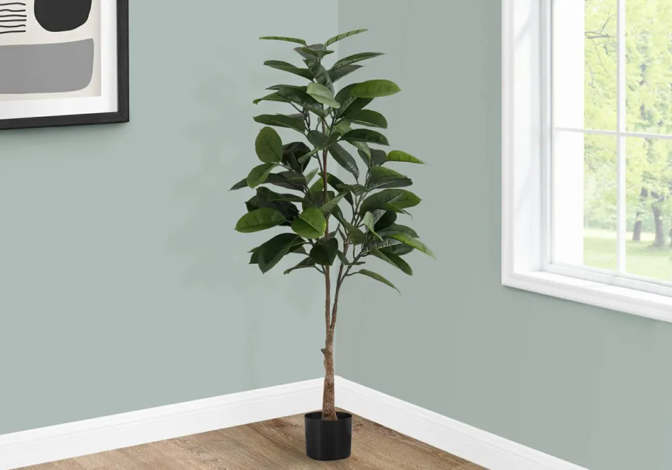 Artificial Plant, 52" Tall, Rubber Tree, Indoor, Faux, Fake, Floor, Greenery, Potted, Real Touch, Decorative, Green Leaves, Black Pot