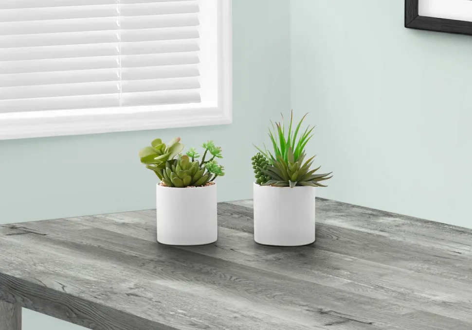 Artificial Plant, 7" Tall, Succulent, Indoor, Faux, Fake, Table, Greenery, Potted, Set Of 2, Decorative, Green Plants, White Ceramic Pots