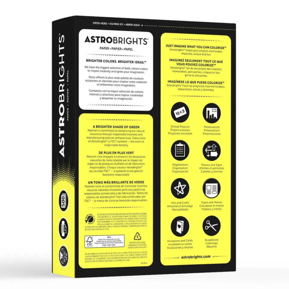 Astrobrights Color Multi-Use Printer & Copy Paper, 1 Ream, Lift-Off Lemon, Letter (8.5" x 11"), 500 Sheets Per Ream, 24 Lb, 94 Brightness