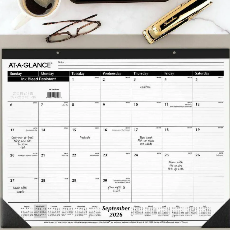 AT-A-GLANCE Academic Year Ruled Desk Pad, 21.75 x 17, White Sheets, Black Binding, Black Corners, 16-Month: Sept 2026 to Dec 2027, 2027 Calendar