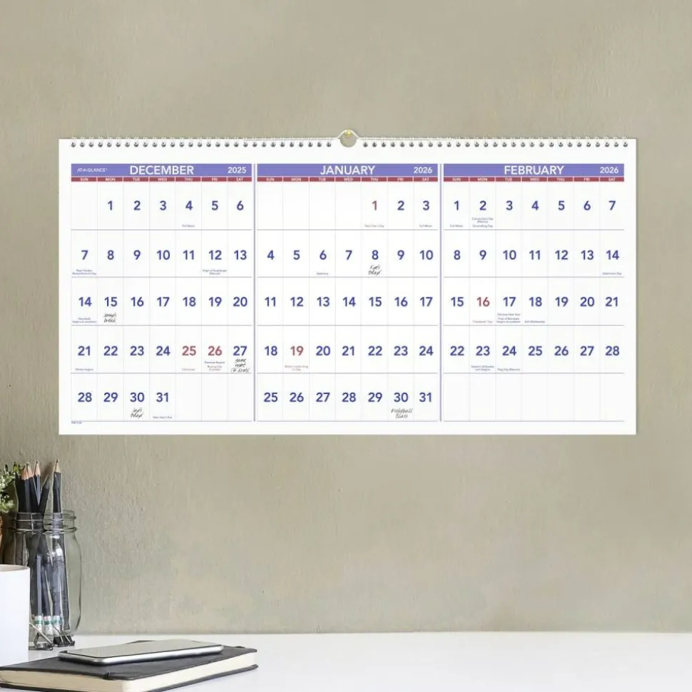 AT-A-GLANCE Deluxe Three-Month Reference Wall Calendar, Horizontal Orientation, 24 x 12, White Sheets, 15-Month: Dec 2026 to Feb 2028, 2027 Calendar