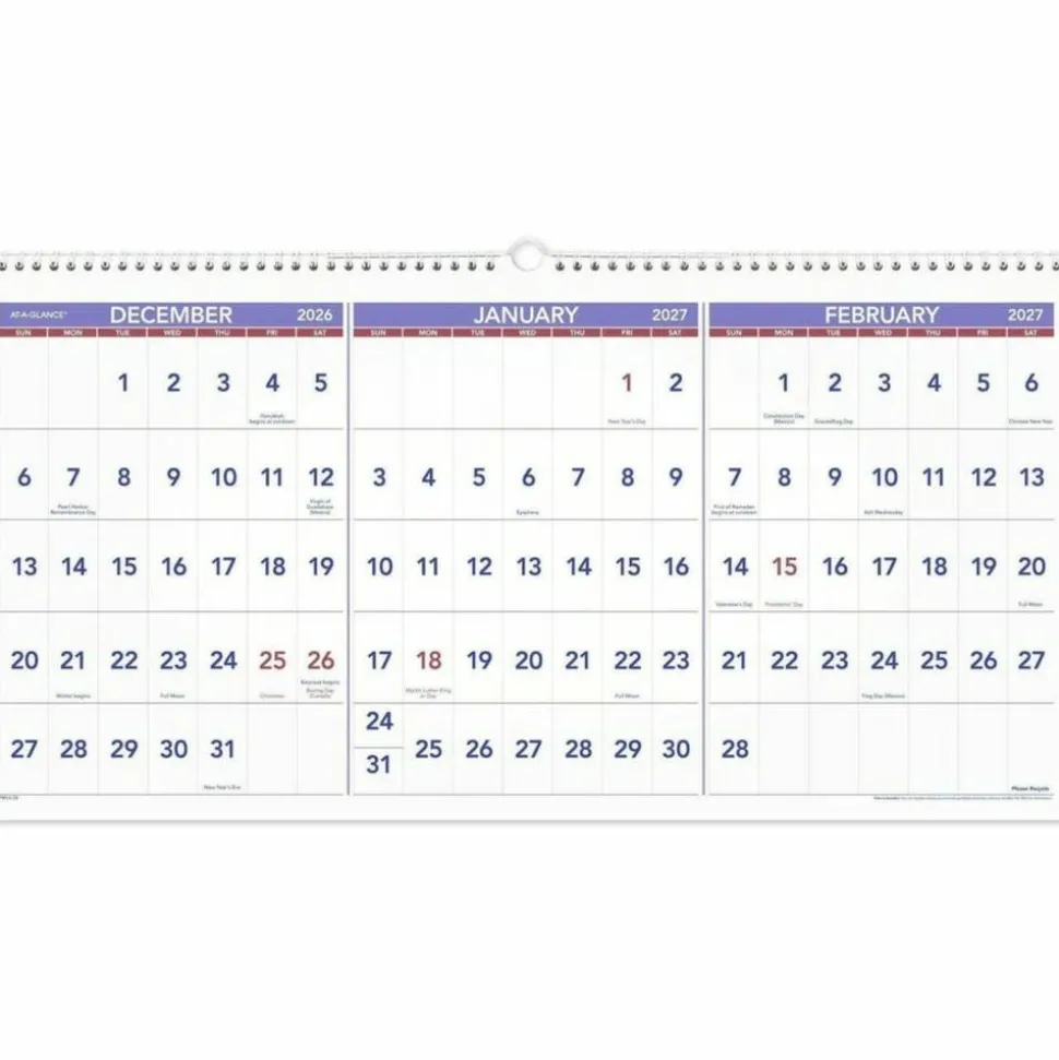AT-A-GLANCE Deluxe Three-Month Reference Wall Calendar, Horizontal Orientation, 24 x 12, White Sheets, 15-Month: Dec 2026 to Feb 2028, 2027 Calendar