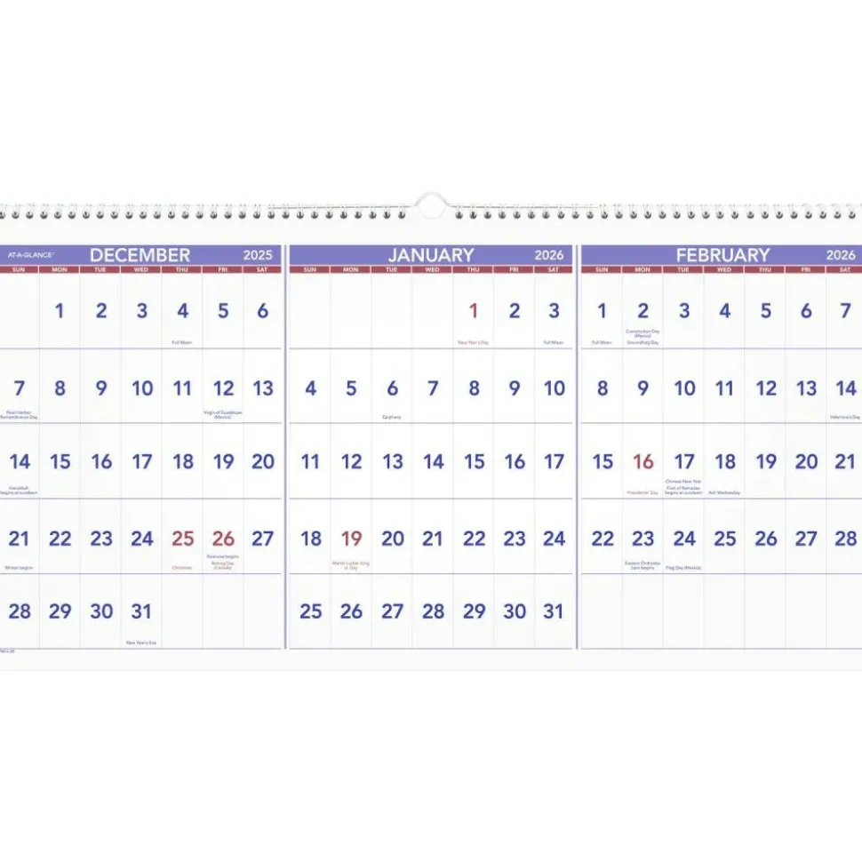 AT-A-GLANCE Deluxe Three-Month Reference Wall Calendar, Horizontal Orientation, 24 x 12, White Sheets, 15-Month: Dec 2026 to Feb 2028, 2027 Calendar