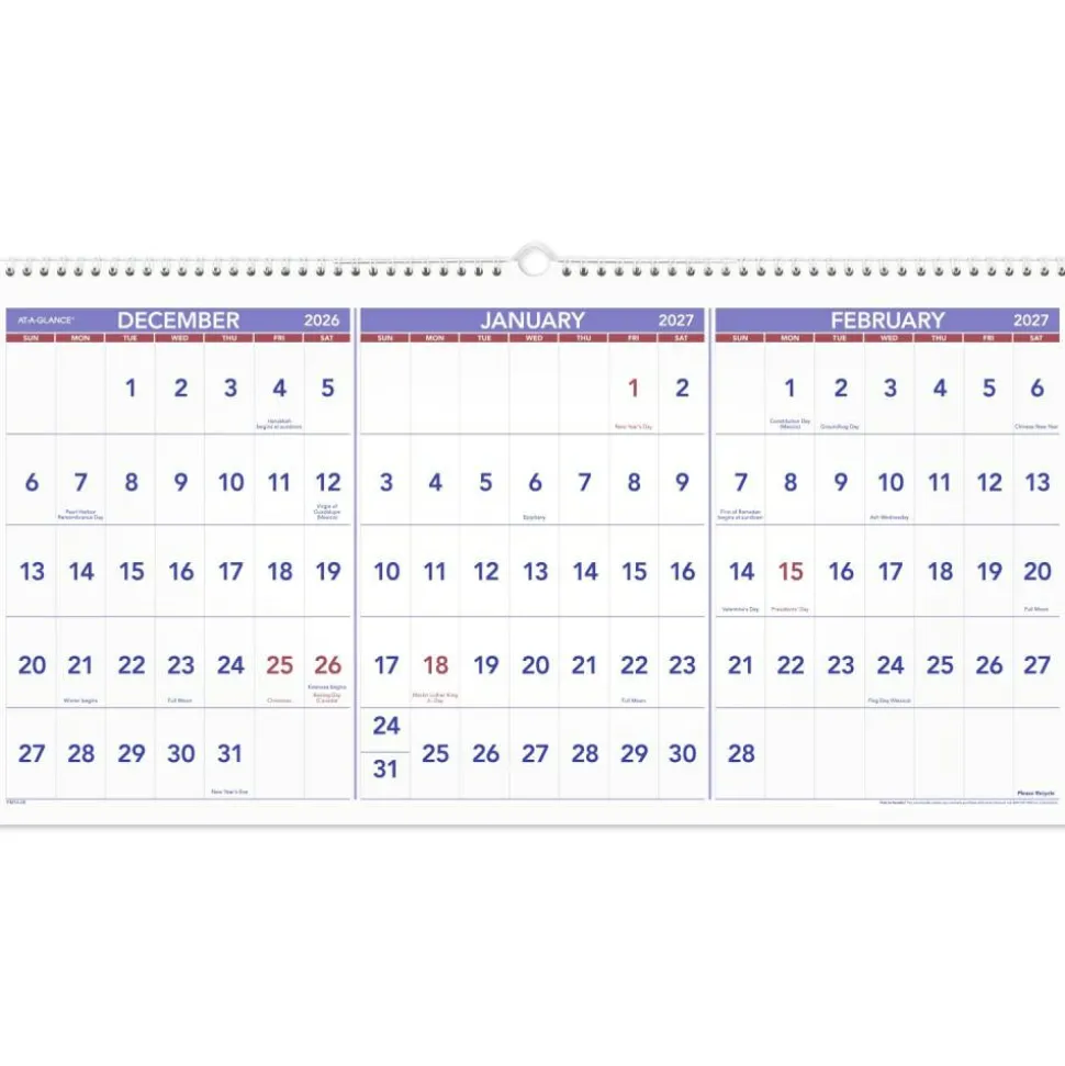 AT-A-GLANCE Deluxe Three-Month Reference Wall Calendar, Horizontal Orientation, 24 x 12, White Sheets, 15-Month: Dec 2026 to Feb 2028, 2027 Calendar