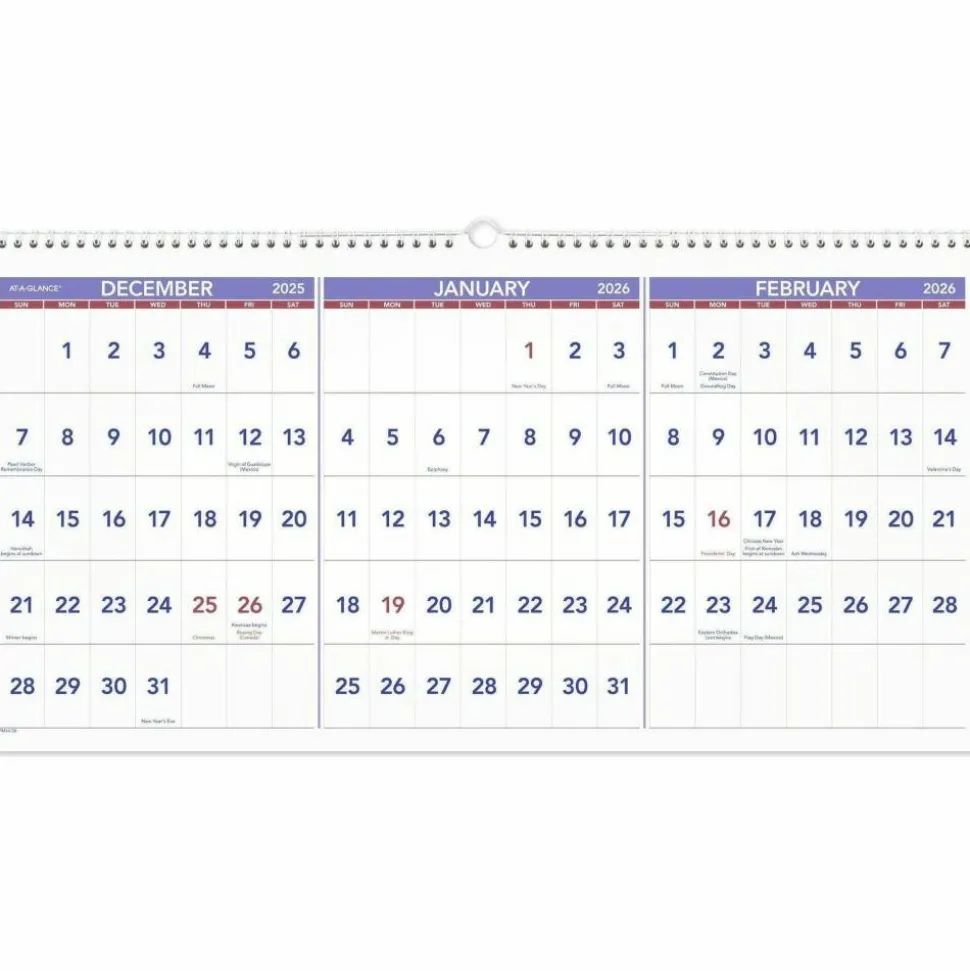 AT-A-GLANCE Deluxe Three-Month Reference Wall Calendar, Horizontal Orientation, 24 x 12, White Sheets, 15-Month: Dec 2026 to Feb 2028, 2027 Calendar