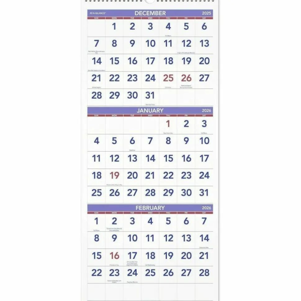 AT-A-GLANCE Deluxe Three-Month Reference Wall Calendar, Vertical Orientation, 12 x 27, White Sheets, 14-Month: Dec 2026 to Jan 2028, 2027 Calendar