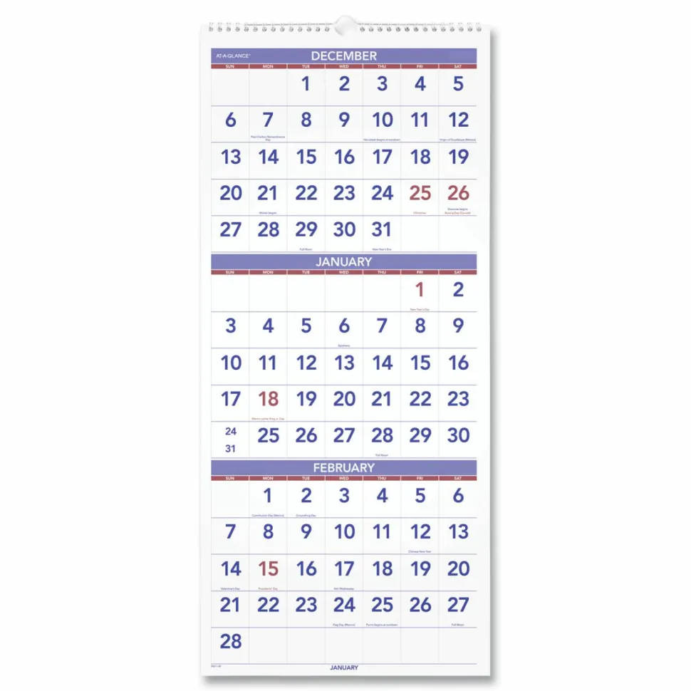 AT-A-GLANCE Deluxe Three-Month Reference Wall Calendar, Vertical Orientation, 12 x 27, White Sheets, 14-Month: Dec 2026 to Jan 2028, 2027 Calendar