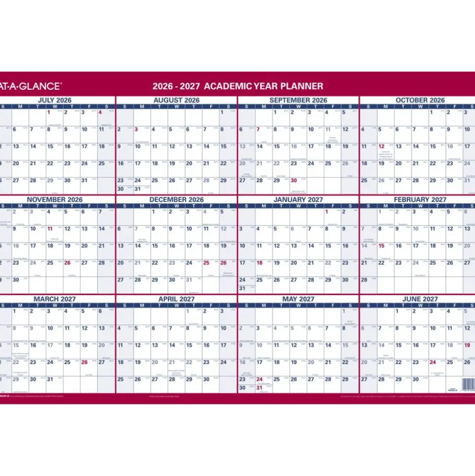 AT-A-GLANCE Horizontal Reversible Erasable Academic and Regular Year 2026-2027 Wall Calendar, Large, 36" x 24"