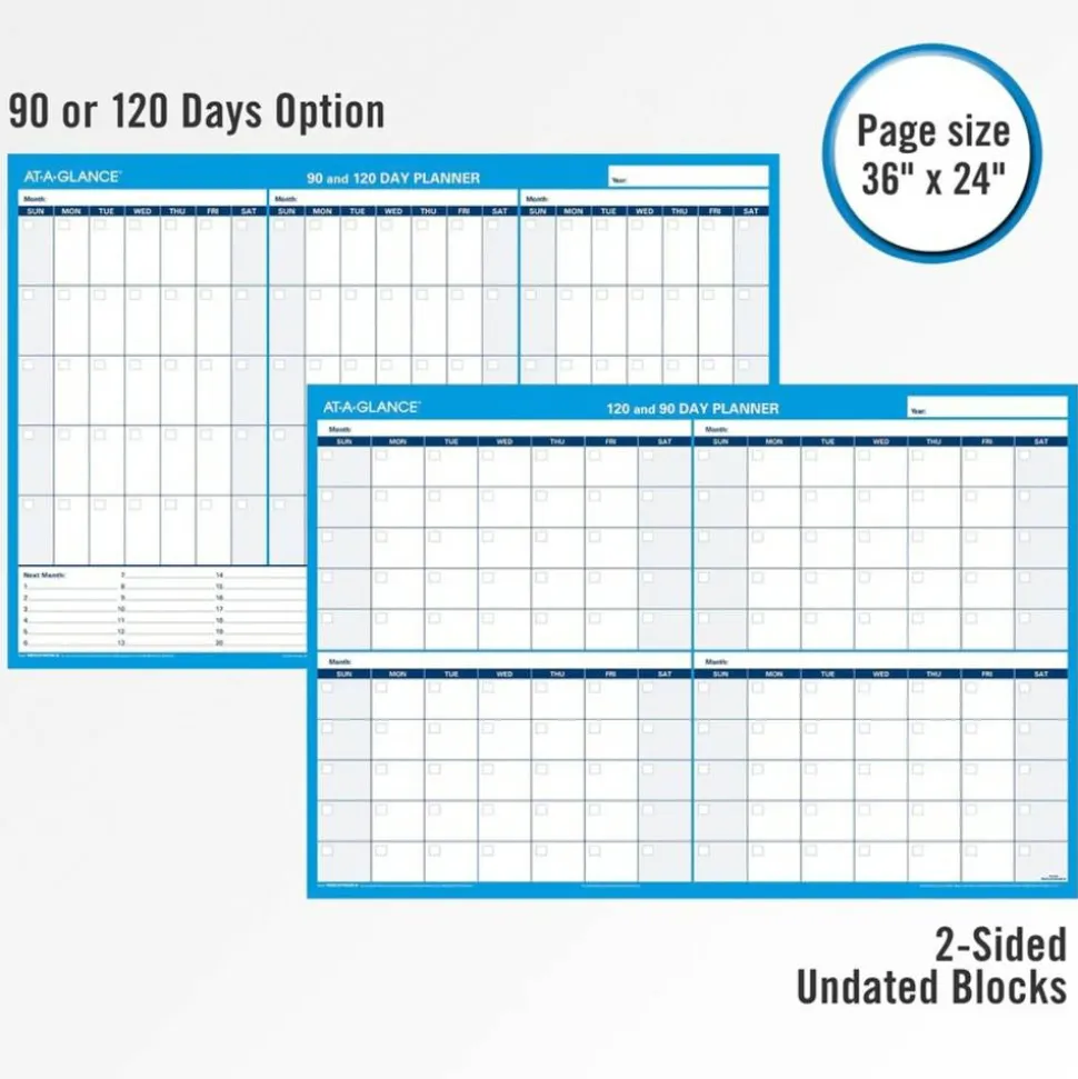AT-A-GLANCE 30% Recycled Undated Erasable/Reversible Wall Planner, 90/120 Day, 36" x 24", Black/Blue, PM-239-28, Undated Calendar