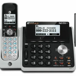 AT&T TL88102 Cordless Two-Line Digital Answering System, Base and Handset, Black/Silver