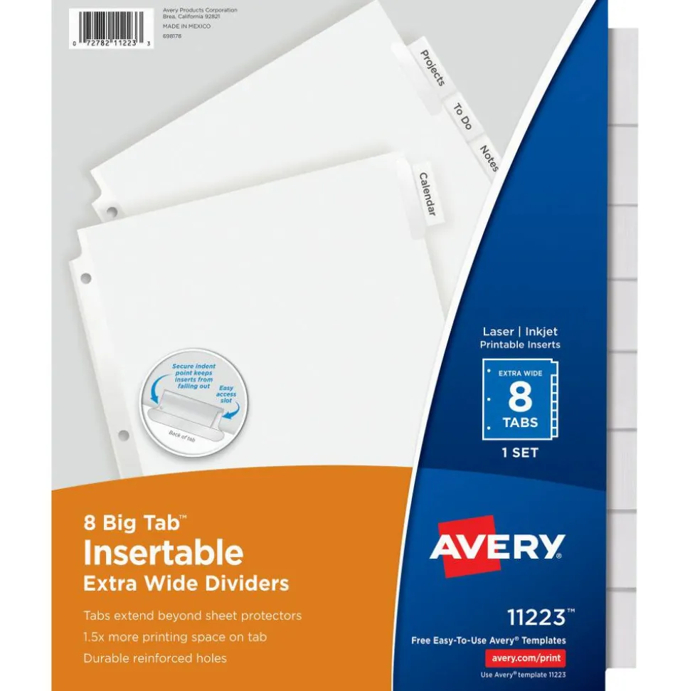 Avery Big Tab Extra-Wide Insertable Dividers, Clear Reinforced, White/Clear, 8-Tab