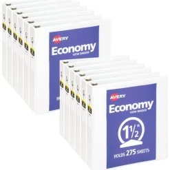 Avery Economy View 3 Ring Binder, 1-1/2" Round Rings, White, Pack Of 12