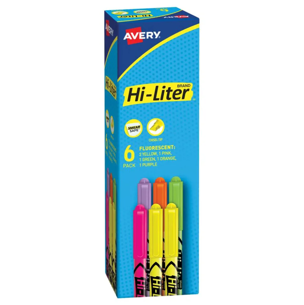 Avery Hi-Liter Pen Style Highlighters - Chisel Point Style, 6/Pack