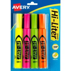 Avery Hi-Liter SmearSafe Highlighters, Chisel Tip, Desk-Style, Assorted, Pack Of 4