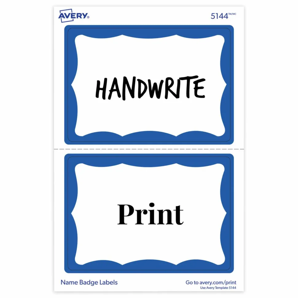 Avery Name Tags, 05144, 2-1/3" x 3-3/8", White With Blue Border, 100 Removable Name Badges