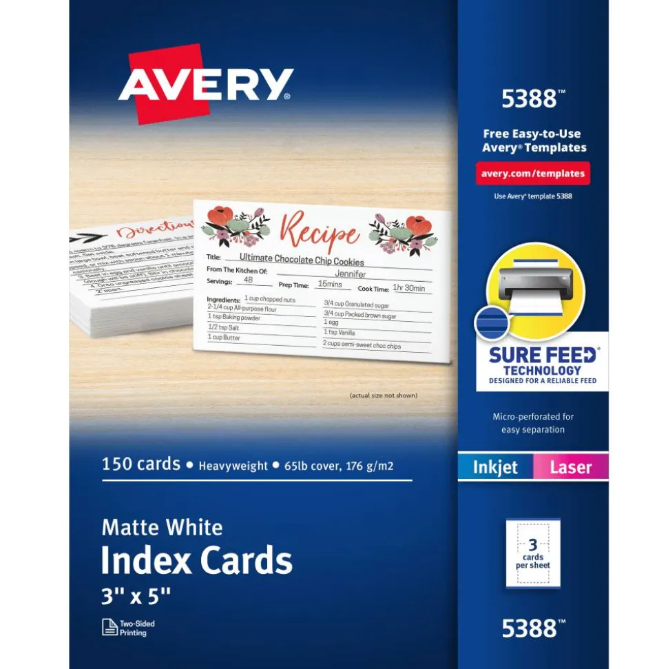 Avery Printable Index Cards With Sure Feed Technology, 3" x 5", White, 150 Blank Index Cards