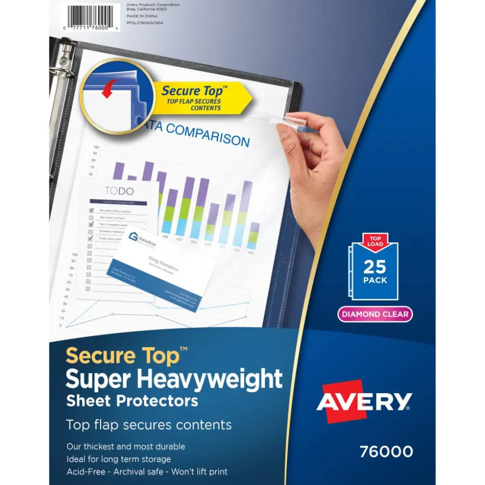 Avery Secure Top Super Heavyweight Diamond Clear Sheet Protector, Side: 3-Hole Punched, Top Load 8.5 x 11 Insert, Clear, 25/Pack