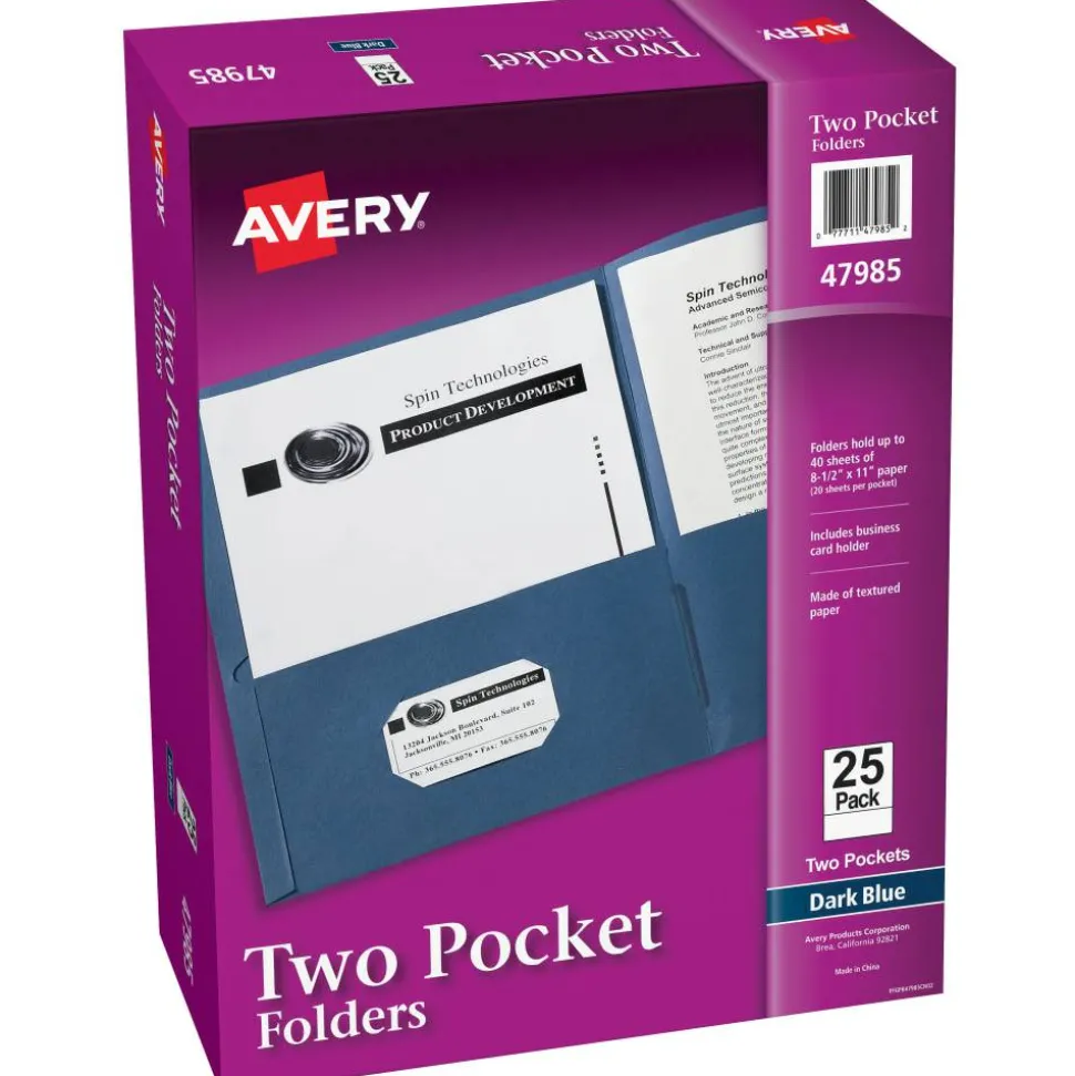 Avery Two Pocket Folders, 8-1/2" x 11", Dark Blue, Box Of 25