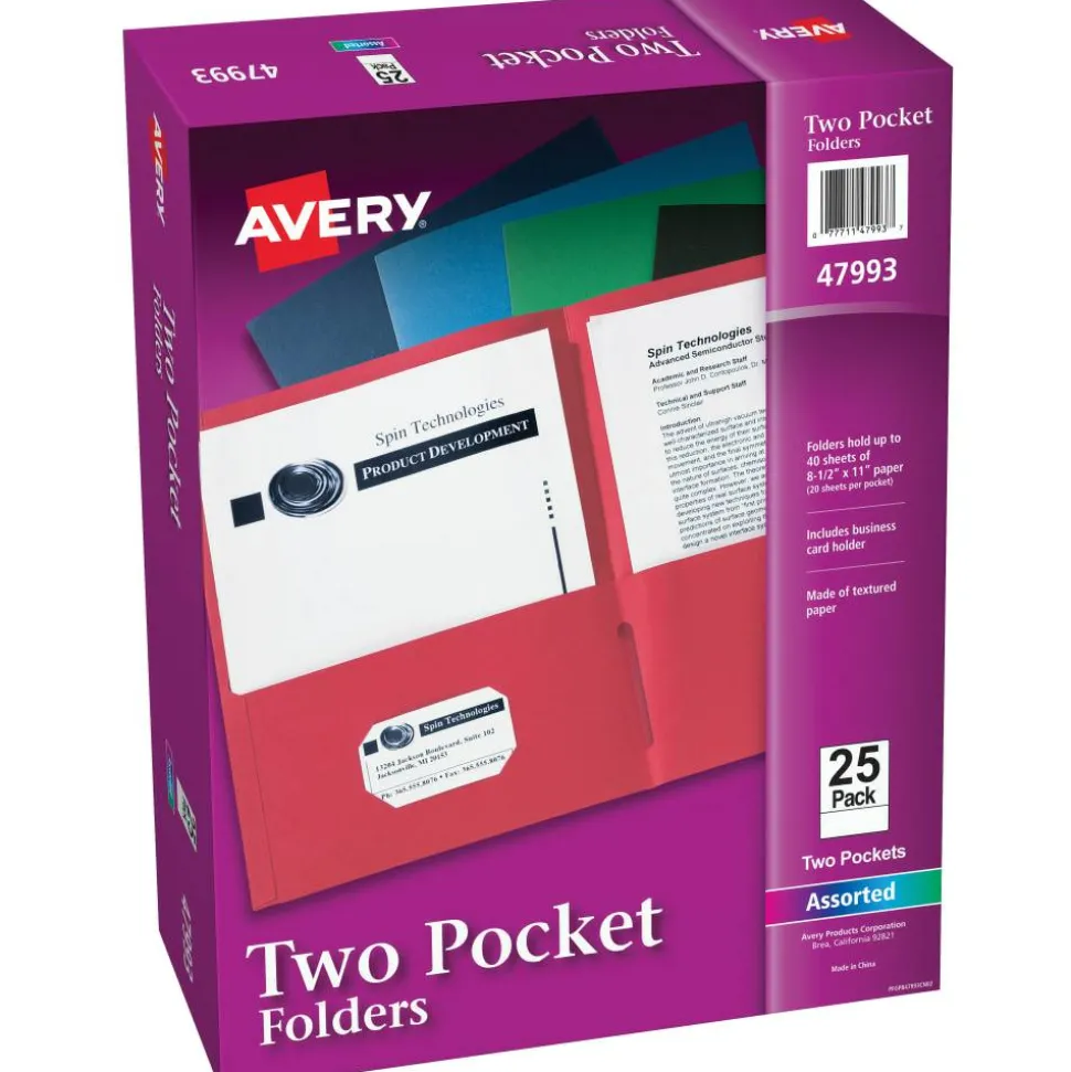 Avery Two Pocket Folders, 8-1/2" x 11", Assorted (Black, Dark Blue, Green, Light Blue, Red), Box Of 25