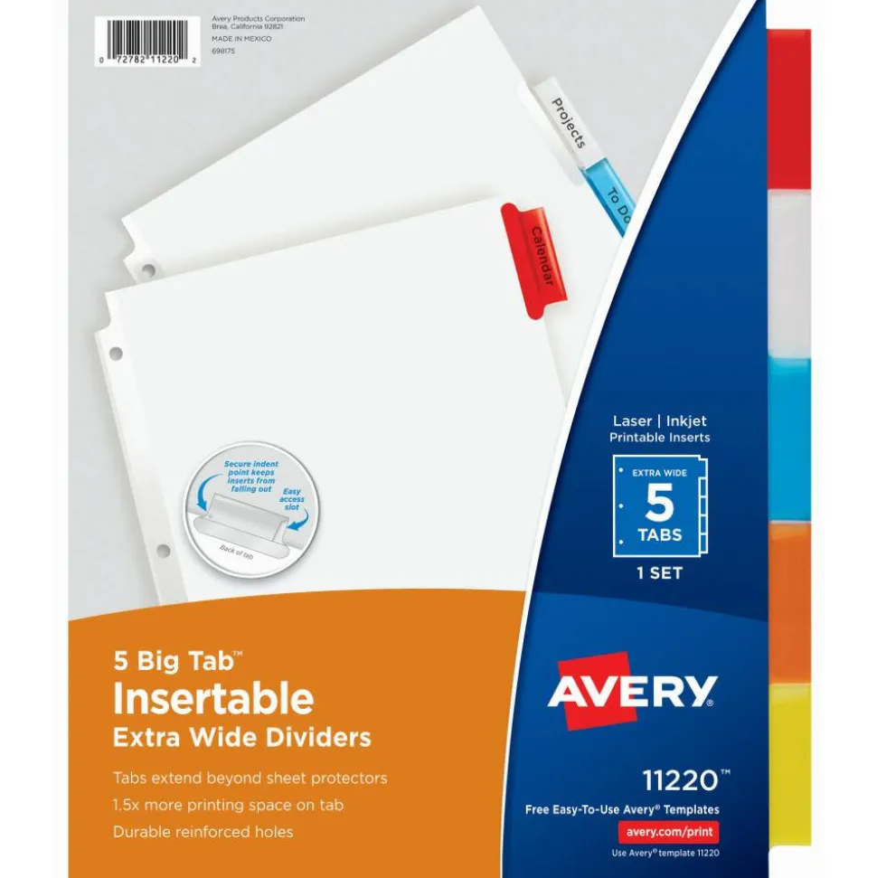 Avery Big Tab Extra-Wide Insertable Dividers, 9-1/4" x 11-1/8", Clear Reinforced, White/Multicolor, 5-Tab