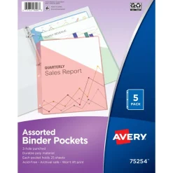 Avery Binder Pockets For 3 Ring Binders, Assorted (Blue, Clear, Green, Pink, Yellow), Pack Of 5 Binder Pockets