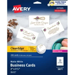 Avery Clean Edge Business Cards, Laser, 2 x 3.5, White, 10 Cards/Sheet, 20 Sheets/Pack