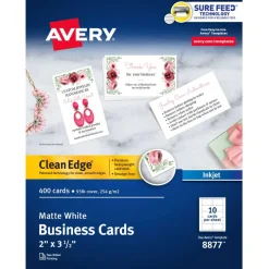 Avery Clean Edge Printable Business Cards With Sure Feed Technology For Inkjet Printers, 2" x 3.5", White, 400 Blank Cards