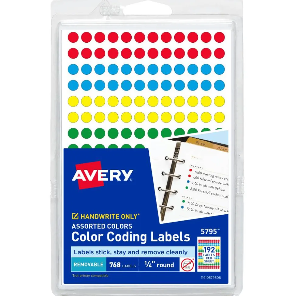 Avery Color-Coding Removable Labels, 5795, Round, 1/4 Inch Diameter, Assorted Colors, Pack Of 768 Non-Printable Dot Stickers