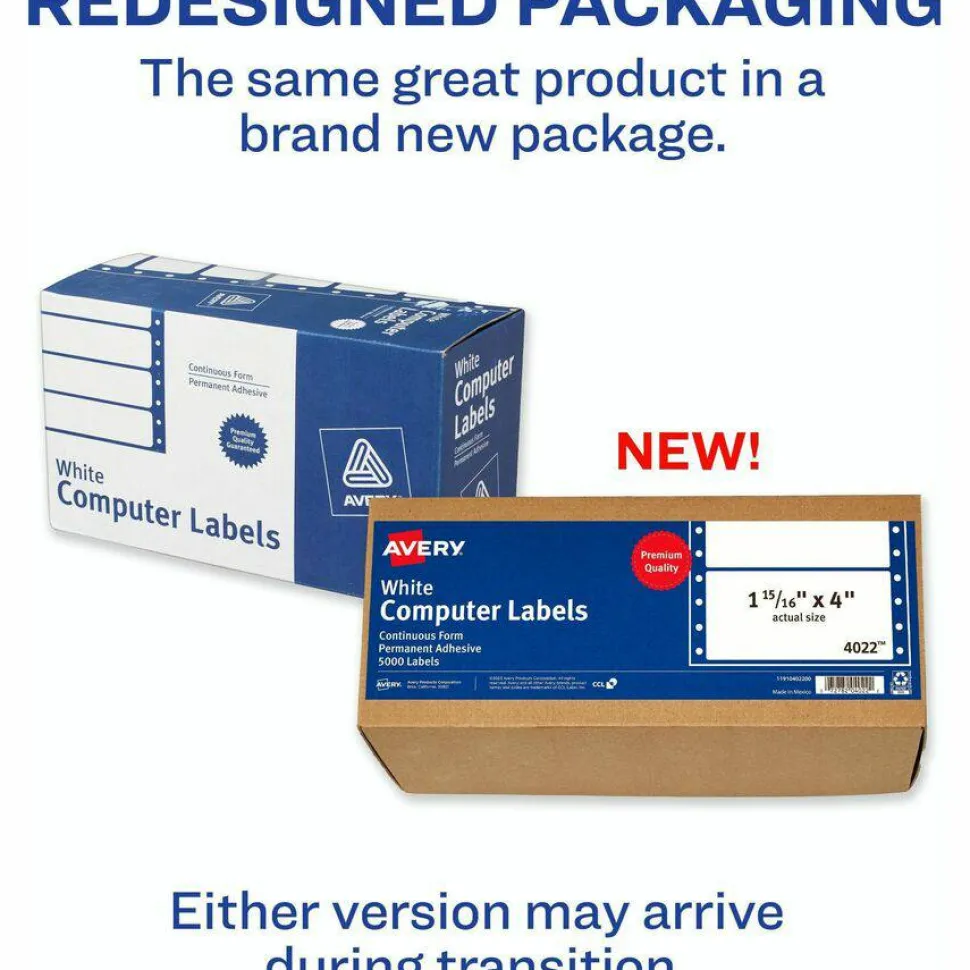 Avery Continuous Form Permanent Address Labels, 4022, Rectangle, 4" x 1 15/16", White, Box Of 5,000