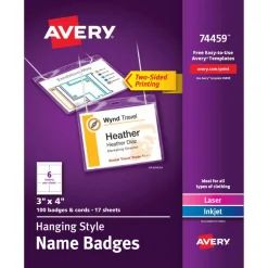 Avery Customizable Hanging Name Badges, Rectangle, 74459, 3" x 4", Clear Holders With White Inserts, Box Of 100