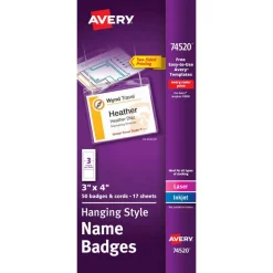 Avery Customizable Hanging Style Name Badges, 74520, 3" x 4", White, Box Of 50