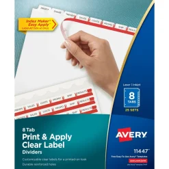 Avery Customizable Index Maker Dividers For 3 Ring Binder, Easy Print & Apply Clear Label Strip, 8 Tab, White, Box Of 25 Sets