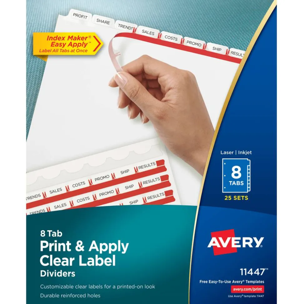 Avery Customizable Index Maker Dividers For 3 Ring Binder, Easy Print & Apply Clear Label Strip, 8 Tab, White, Box Of 25 Sets