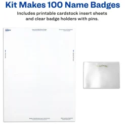 Avery Customizable Name Badges With Pins, 74549, 2-1/4" x 3-1/2", Clear Name Tag Holders With White Printable Inserts, Pack of 100