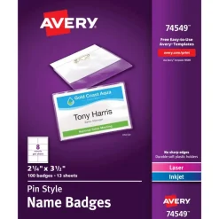 Avery Customizable Name Badges With Pins, 74549, 2-1/4